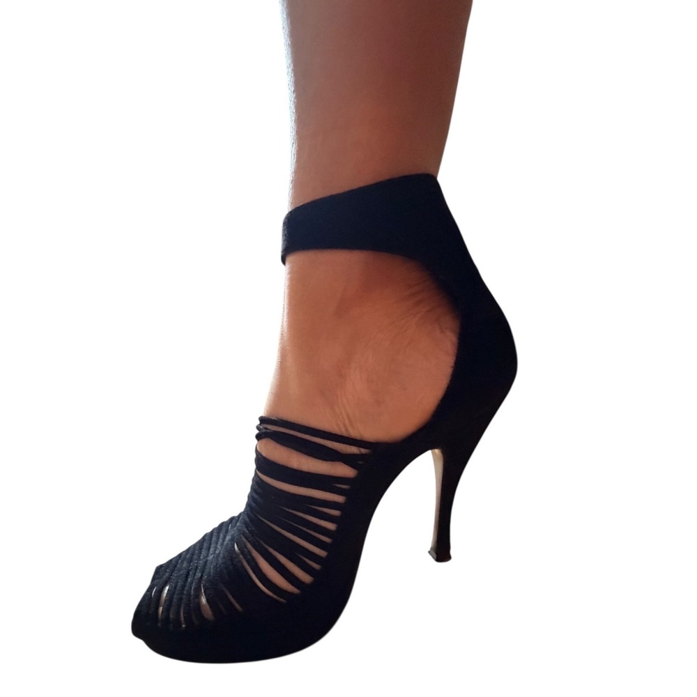 Vintage Ombeline Paris Suede Strappy Peep Toe Stiletto Heels Black  Sz 38 US 8